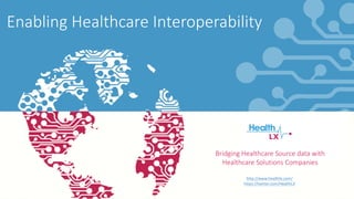 Enabling	Healthcare	Interoperability
Bridging	Healthcare	Source	data	with	
Healthcare	Solutions	Companies
http://www.healthlx.com/
https://twitter.com/HealthLX
 