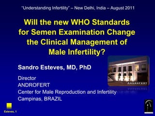 “Understanding Infertility” – New Delhi, India – August 2011 Will the new WHO Standards for Semen Examination Change the Clinical Management of Male Infertility? SandroEsteves, MD, PhD Director ANDROFERT Center for Male Reproduction and Infertility Campinas, BRAZIL Esteves, 1 