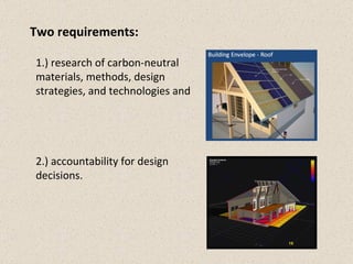 1.) research of carbon-neutral materials, methods, design strategies, and technologies and 2.) accountability for design d...