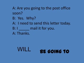 A: Are you going to the post office
soon?
B: Yes. Why?
A: I need to send this letter today.
B: I _____ mail it for you.
A: Thanks.


   WILL         Be Going to
 