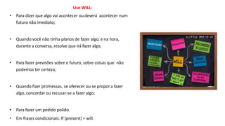 Use WILL:
• Para dizer que algo vai acontecer ou deverá acontecer num
futuro não imediato;
• Quando você não tinha planos de fazer algo, e na hora,
durante a conversa, resolve que irá fazer algo;
• Para fazer previsões sobre o futuro, sobre coisas que não
podemos ter certeza;
• Quando fizer promessas, se oferecer ou se propora fazer
algo, concordar ou recusar-se a fazer algo;
• Para fazer um pedido polido.
• Em frases condicionais: If (present) + will.
 