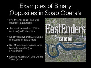 Examples of Binary
Opposites in Soap Opera’s
• Phil Mitchell (bad) and Dot
(good) in Eastenders
• Lucas (irrational) and Trina
(rational) in Eastenders
• Bobby (guilty) and Lucy Beale
(innocent) in Eastenders
• Kat Moon (feminine) and Alﬁe
Moon (masculine) in
Eastenders
• Denise Fox (black) and Donna
Yates (white)
 