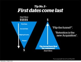 Tip No. 5 -
                           First dates come last
                            Start Here
                           $$$$$                           $
                              First Date


                            Second Date
                                                                “Flip the funnel*”.
                                                                      “Retention is the
                           Might get lucky
                                                                       new Acquisition”.
                               Happy!



                                                 Tip: invest here ﬁrst
                                                   (in customers)
                                 $                     Start Here



                                                                 *Source: Joseph Jaffe, Flip the Funnel, Wiley 2010

Wednesday, 10 March 2010
 