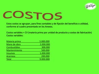 Estos costos se agrupan, para fines contables y de fijación del beneficio o utilidad,
conforme al cuadro presentado en los Anexos.
Costos variables = CV (materia prima por unidad de producto y costos de fabricación)
Costos variables:
Materia prima 5.000.000
Mano de obra 2.000.000
Combustibles 300.000
Mantenimiento 500.000
Insumos 1.000.000
Acarreos 200.000
Total 9.000.000
 