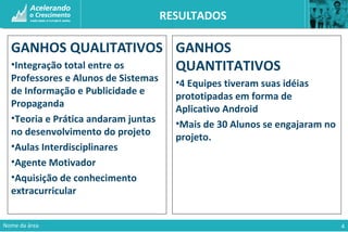 GANHOS QUALITATIVOS
•Integração total entre os
Professores e Alunos de Sistemas
de Informação e Publicidade e
Propaganda
•Teoria e Prática andaram juntas
no desenvolvimento do projeto
•Aulas Interdisciplinares
•Agente Motivador
•Aquisição de conhecimento
extracurricular
Nome da área 4
RESULTADOS
GANHOS
QUANTITATIVOS
•4 Equipes tiveram suas idéias
prototipadas em forma de
Aplicativo Android
•Mais de 30 Alunos se engajaram no
projeto.
 