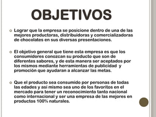 OBJETIVOS


Lograr que la empresa se posicione dentro de una de las
mejores productoras, distribuidoras y comercializadoras
de chocolates en sus diversas presentaciones.



El objetivo general que tiene esta empresa es que los
consumidores conozcan su producto que son de
diferentes sabores, y de esta manera ser aceptados por
los mismos mediante herramientas de publicidad y
promoción que ayudaran a alcanzar las metas.



Que el producto sea consumido por personas de todas
las edades y así mismo sea uno de los favoritos en el
mercado para tener un reconocimiento tanto nacional
como internacional y ser una empresa de las mejores en
productos 100% naturales.

 