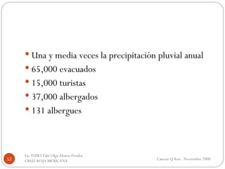 Una y media veces la precipitación pluvial anual 65,000 evacuados 15,000 turistas 37,000 albergados 131 albergues Cancun Q Roo  Noviembre 2008 Lic TUM I Tabi Olga Alonso Peralta  CRUZ ROJA MEXICANA  