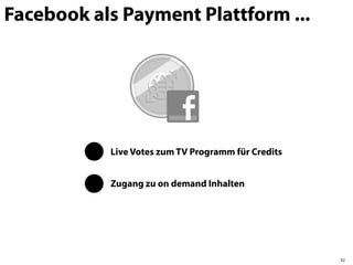 Facebook als Payment Plattform ...




           Live Votes zum TV Programm für Credits


           Zugang zu on demand Inhalten




                                                    42
 