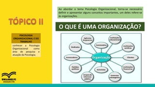 PSICOLOGIA
ORGANIZACIONAL E DO
TRABALHO
conhecer a Psicologia
Organizacional como
área de pesquisa e
atuação da Psicologia;
Ao abordar o tema Psicologia Organizacional, torna-se necessário
definir e apresentar alguns conceitos importantes, um deles refere-se
às organizações.
O QUE É UMA ORGANIZAÇÃO?
 