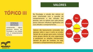 VALORES
DIFERENÇAS
INDIVIDUAIS
compreender alguns
processos básicos em
Psicologia e sua relação
com o comportamento
humano;
Na Psicologia, o estudo dos valores vai
estar relacionado com a questão do
comportamento e das atitudes das
pessoas, pois os valores que cada pessoa
possui exercem influência significativa em
suas atitudes e comportamentos
Valores são basicamente convicções das
pessoas sobre o que é certo ou errado.
Variam de um grupo para outro, inclusive
entre grupos dentro de uma organização
e perpassam as relações interpessoais.
Servem de guia de conduta, ou seja,
orientam o comportamento das pessoas
 