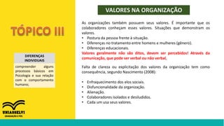 VALORES NA ORGANIZAÇÃO
DIFERENÇAS
INDIVIDUAIS
compreender alguns
processos básicos em
Psicologia e sua relação
com o comportamento
humano;
As organizações também possuem seus valores. É importante que os
colaboradores conheçam esses valores. Situações que demonstram os
valores.
• Postura da pessoa frente à situação.
• Diferenças no tratamento entre homens e mulheres (gênero).
• Diferenças educacionais.
Valores geralmente não são ditos, devem ser percebidos! Através da
comunicação, que pode ser verbal ou não verbal,
Falta de clareza ou explicitação dos valores da organização tem como
consequência, segundo Nascimento (2008):
• Enfraquecimento dos elos sociais.
• Disfuncionalidade da organização.
• Alienação.
• Colaboradores isolados e desiludidos.
• Cada um usa seus valores.
 
