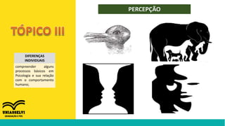 PERCEPÇÃO
DIFERENÇAS
INDIVIDUAIS
compreender alguns
processos básicos em
Psicologia e sua relação
com o comportamento
humano;
 