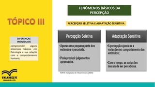 FENÔMENOS BÁSICOS DA
PERCEPÇÃO
DIFERENÇAS
INDIVIDUAIS
compreender alguns
processos básicos em
Psicologia e sua relação
com o comportamento
humano;
PERCEPÇÃO SELETIVA E ADAPTAÇÃO SENSITIVA
FONTE: Adaptado de: Maximiniano (2005)
 
