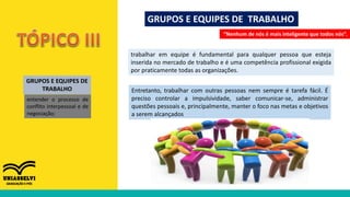 GRUPOS E EQUIPES DE TRABALHO
GRUPOS E EQUIPES DE
TRABALHO
entender o processo de
conflito interpessoal e de
negociação;
“Nenhum de nós é mais inteligente que todos nós”.
trabalhar em equipe é fundamental para qualquer pessoa que esteja
inserida no mercado de trabalho e é uma competência profissional exigida
por praticamente todas as organizações.
Entretanto, trabalhar com outras pessoas nem sempre é tarefa fácil. É
preciso controlar a impulsividade, saber comunicar-se, administrar
questões pessoais e, principalmente, manter o foco nas metas e objetivos
a serem alcançados
 
