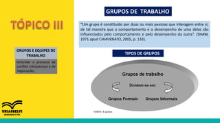 GRUPOS DE TRABALHO
GRUPOS E EQUIPES DE
TRABALHO
entender o processo de
conflito interpessoal e de
negociação;
“Um grupo é constituído por duas ou mais pessoas que interagem entre si,
de tal maneira que o comportamento e o desempenho de uma delas são
influenciados pelo comportamento e pelo desempenho da outra”. (SHAW,
1971 apud CHIAVENATO, 2005, p. 133).
TIPOS DE GRUPOS
FONTE: A autora
 