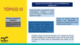 Segundo Chiavenato (2005), os grupos INFORMAIS são
divididos em:
GRUPOS E EQUIPES DE
TRABALHO
entender o processo de
conflito interpessoal e de
negociação;
Grupos primários: caracterizam-se pela
camaradagem, lealdade e senso
comum de valores. Exemplo: família e
grupos de colegas.
Grupos de interesse: grupos de pessoas
que se juntam para alcançar um
objetivo comum que atendam aos
interesses pessoais. Exemplo: pessoas
em uma excursão, grupo de pessoas
que faz alguma reivindicação.
Grupos de amizade: grupos de
pessoas que ultrapassam o
ambiente de trabalho para manter
relacionamentos sociais
Coalizões: grupos de pessoas formados com o objetivo de formar
alianças estratégicas nas organizações. Nesse tipo de grupo existe
um pacto ou acordo entre os participantes para atingir um fim
comum.
 