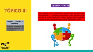 GRUPOS E EQUIPES DE
TRABALHO
entender o processo de
conflito interpessoal e de
negociação;
EQUIPES DE TRABALHO
Uma equipe é um conjunto de pessoas que oferecem suas
competências e conjugam seus esforços para fazerem coisas
que são da responsabilidade de todos, visando obter resultados
comuns através da interatividade. (GONÇALVES FILHO, 2010).
 