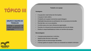 GRUPOS E EQUIPES DE
TRABALHO
entender o processo de
conflito interpessoal e de
negociação;
 