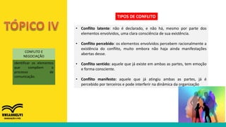 CONFLITO E
NEGOCIAÇÃO
identificar os elementos
que compõem o
processo de
comunicação.
TIPOS DE CONFLITO
• Conflito latente: não é declarado, e não há, mesmo por parte dos
elementos envolvidos, uma clara consciência de sua existência.
• Conflito percebido: os elementos envolvidos percebem racionalmente a
existência do conflito, muito embora não haja ainda manifestações
abertas desse.
• Conflito sentido: aquele que já existe em ambas as partes, tem emoção
e forma consciente.
• Conflito manifesto: aquele que já atingiu ambas as partes, já é
percebido por terceiros e pode interferir na dinâmica da organização
 