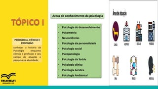 PSICOLOGIA, CIÊNCIA E
PROFISSÃO
conhecer a história da
Psicologia enquanto
ciência e profissão e seu
campo de atuação e
pesquisa na atualidade;
Areas de conhecimento da psicologia
• Psicologia do desenvolvimento
• Psicometria
• Neurociências
• Psicologia da personalidade
• Psicologia social
• Psicopatologia
• Psicologia da Saúde
• Psicologia clínica
• Psicologia Jurídica
• Psicologia Ambiental
 