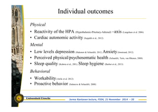 Individual outcomes 
Physical 
• Reactivity of the HPA (Hypothalamic-Pituitary-Adrenal) –axis (Langelaan et al. 2006) 
• Cardiac autonomic activity (Seppälä et al., 2012) 
Mental 
• Low levels depression (Hakanen & Schaufeli, 2012; Anxiety (Innstrand, 2012) 
• Perceived physical/psychosomatic health (Schaufeli, Taris, van Rhenen, 2008) 
• Sleep quality (Kubota et al., 20l1); Sleep hygiene (Barber et al., 2013) 
Behavioral 
• Workability(Airila et al. 2012) 
• Proactive behavior (Salanova & Schaufeli, 2008) 
Jorma Rantanen lecture, FIOH, 21 November 2014 - 35 
 