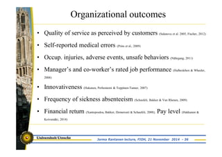 Organizational outcomes 
• Quality of service as perceived by customers (Salanova et al. 2005, Fischer, 2012) 
• Self-reported medical errors (Prins et al., 2009) 
• Occup. injuries, adverse events, unsafe behaviors (Nährgang, 2011) 
• Manager’s and co-worker’s rated job performance (Halbesleben & Wheeler, 
2008) 
• Innovativeness (Hakanen, Perhoniemi & Toppinen-Tanner, 2007) 
• Frequency of sickness absenteeism (Schaufeli, Bakker & Van Rhenen, 2009) 
• Financial return (Xantopoulou, Bakker, Demerouti & Schaufeli, 2008); Pay level (Hakkanen & 
Koivumäki, 2014) 
Jorma Rantanen lecture, FIOH, 21 November 2014 - 36 
 