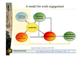 A model for work engagement 
Challenge 
demands 
Job 
resources 
Personal and 
organizational 
outcomes 
Engagement 
Personal 
resources 
Leadership 
Adapted from Bakker & Demerouti (2007, 2008) 
Jorma Rantanen lecture, FIOH, 21 November 2014 - 37 
 