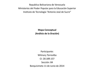 Republica Bolivariana de Venezuela
Ministerios del Poder Popular para la Educación Superior
Instituto de Tecnología “Antonio José de Sucre”
Mapa Conceptual
(Análisis de la Oración)
Participante:
Wilmary Torrealba
CI: 20.189.157
Sección: 84
Barquisimeto 11 de Junio de 2014
 