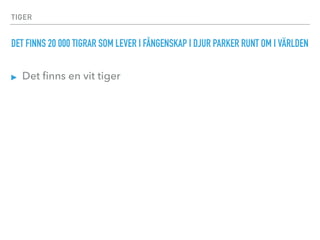 TIGER
DET FINNS 20 000 TIGRAR SOM LEVER I FÅNGENSKAP I DJUR PARKER RUNT OM I VÄRLDEN
▸ Det ﬁnns en vit tiger
 