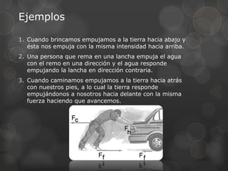 Ejemplos
1. Cuando brincamos empujamos a la tierra hacia abajo y
ésta nos empuja con la misma intensidad hacia arriba.
2. Una persona que rema en una lancha empuja el agua
con el remo en una dirección y el agua responde
empujando la lancha en dirección contraria.
3. Cuando caminamos empujamos a la tierra hacia atrás
con nuestros pies, a lo cual la tierra responde
empujándonos a nosotros hacia delante con la misma
fuerza haciendo que avancemos.
 