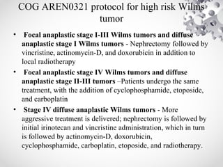 COG AREN0321 protocol for high risk Wilms
tumor
• Focal anaplastic stage I-III Wilms tumors and diffuse
anaplastic stage I Wilms tumors - Nephrectomy followed by
vincristine, actinomycin-D, and doxorubicin in addition to
local radiotherapy
• Focal anaplastic stage IV Wilms tumors and diffuse
anaplastic stage II-III tumors –Patients undergo the same
treatment, with the addition of cyclophosphamide, etoposide,
and carboplatin
• Stage IV diffuse anaplastic Wilms tumors - More
aggressive treatment is delivered; nephrectomy is followed by
initial irinotecan and vincristine administration, which in turn
is followed by actinomycin-D, doxorubicin,
cyclophosphamide, carboplatin, etoposide, and radiotherapy.
 