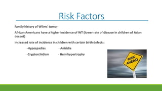 Risk Factors
Family history of Wilms’ tumor
African Americans have a higher incidence of WT (lower rate of disease in children of Asian
decent)
Increased rate of incidence in children with certain birth defects:
-Hypospadias
-Cryptorchidism
- Aniridia
- Hemihypertrophy
 