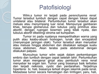 Patofisiologi
Wilm,s tumor ini terjadi pada perenchyema renal.
Tumor tersebut tumbuh dengan cepat dengan lokasi dapat
unilateral atau bilateral. Pertumbuhan tumor tersebut akan
meluas atau menyimpang luar renal. Mempunyai gambaran
khas, berupa glomerulus dan tubulus yang primitive atau
abortif, dengan ruangan bowmen yang tidak nyata, dan
tubulus abortif dikelilingi stroma sel kumparan.
Tumor ini pada nyatanya memperlihatkan warna yang
putih atau keabu-abuan homogen, lunak dan encepaloid
(menyerupai jaringan otak). Tumor tersebut akan menyebar
atau meluas hingga abdomen dan dikatakan sebagai suatu
masa abdomen. Akan teraba pada abdominal dengan
dilakukan palpasi.
Munculnya tumor wilm sejak dalam perkembangan
embrio dan tumbuh dengan cepat setelah lahir. Pertumbuhan
tumor akan mengenai ginjal atau pembuluh vena renal
menyebar ke organ lain. Tumor yang biasanya baik terbatas
dan terjadi nekrosis, cystic dan perdarahan. Terjadinya
hipertensi bi, hati, biasanya terkait dngan iskemik pada renal.
Metastase tumor secara hematogen dan limfogen; paru, hati,
 
