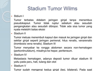 Stadium Tumor Wilms
 Stdium I
Tumor terbatas didalam jaringan ginjal tanpa menembus
pseudokapsul. Tumor tidak ruptur sebelum atau sesudah
pengangkatan atau sesudah dibiopsi. Tidak ada sisa tumor yang
nyata melebihi batas eksisi
 Stadium II
Tumor meluas menembuh kapsul dan masuk ke jaringan ginjal dan
sekitar ginjal seperti jaringan perirenal, hilus renalis, venarenalis
(trombosis vena renalis). Stadium III
Tumor menyebar ke rongga abdomen secara non-hematogen
(perkontinuitatum), misalnya ke hepar, periteneum.
 Stadium IV
Metastasis hematogen, adanya deposit tumor diluar stadium III
yaitu pada paru, hati, tulang dan otot
 Stadium V
Tumor sudah mengenai kedua ginjal (lesi, bilateral). Pada saat
 
