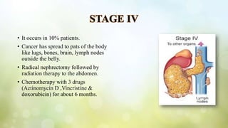 STAGE IV
• It occurs in 10% patients.
• Cancer has spread to pats of the body
like lugs, bones, brain, lymph nodes
outside the belly.
• Radical nephrectomy followed by
radiation therapy to the abdomen.
• Chemotherapy with 3 drugs
(Actinomycin D ,Vincristine &
doxorubicin) for about 6 months.
 