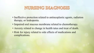 • Ineffective protection related to antineoplastic agents, radiation
therapy, or leukopenia.
• Impaired oral mucous membrane related to chemotherapy.
• Anxiety related to change in health tatus and treat of death.
• Risk for injury related to side effects of medications and
complications.
 