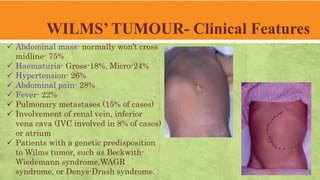 WILMS’ TUMOUR- Clinical Features
 Abdominal mass- normally won’t cross
midline- 75%
 Haematuria- Gross-18%, Micro-24%
 Hypertension- 26%
 Abdominal pain- 28%
 Fever- 22%
 Pulmonary metastases (15% of cases)
 Involvement of renal vein, inferior
vena cava (IVC involved in 8% of cases)
or atrium
 Patients with a genetic predisposition
to Wilms tumor, such as Beckwith-
Wiedemann syndrome,WAGR
syndrome, or Denys-Drash syndrome.
 