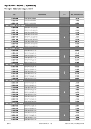 Прайс-лист WILO (Германия)
Станции повышения давления


             Код                                 Наименование           P.G.        Цена розничная, EURO




                                                                        W7
          2520289EB       COR-3MVI807/CR-EB                                               14023

          2520290EB       COR-3MVI808/CR-EB                                               14385

          2520291EB       COR-3MVI810/CR-EB                                               15025

 Wilo COR-3MVI16…-6"/CR-EB

          2520370EB       COR-3MVI1602-6/CR-EB                                            14184

          2520371EB       COR-3MVI1603-6/CR-EB                                            14969

          2520372EB       COR-3MVI1604-6/CR-EB                                            15735

          2520373EB       COR-3MVI1605-6/CR-EB                                            16648




                                                                        W7
          2520374EB       COR-3MVI1606-6/CR-EB                                            16974

          2520375EB       COR-3MVI1607-6/CR-EB                                            18534

          2520376EB       COR-3MVI1608-6/CR-EB                                            20675

          2520377EB       COR-3MVI1609-6/CR-EB                                            20760

          2520378EB       COR-3MVI1610-6/CR-EB                                            20872

 Wilo COR-3MVI32…/CR-EB

          2510203EB       COR-3MVI3202/CR-EB                                              22904

          2510204EB       COR-3MVI3203/CR-EB                                              24742

          2510205EB       COR-3MVI3204/CR-EB                                              26902




                                                                        W7
          2510206EB       COR-3MVI3205/CR-EB                                              30273

          2510207EB       COR-3MVI3206/CR-EB                                              31367

          2510208EB       COR-3MVI3207/CR-EB                                              35765

 Wilo COR-3MVI52…/CR-EB

          2517940EB       COR-3MVI5202/CR-EB                                              24016

          2517941EB       COR-3MVI5203/CR-EB                                              26482

          2517942EB       COR-3MVI5204/CR-EB                                              29888
                                                                        W7




          2517943EB       COR-3MVI5205/CR-EB                                              36474

          2517944EB       COR-3MVI5206/CR-EB                                              37098

          2517945EB       COR-3MVI5207/CR-EB                                              39663

 Wilo COR-3MVIS2…/CR-EB

          2520532EB       COR-3MVIS202/CR-EB                                              12015

          2520533EB       COR-3MVIS203/CR-EB                                              12083

          2520534EB       COR-3MVIS204/CR-EB                                              12352

          2520535EB       COR-3MVIS205/CR-EB                                              12555
                                                                        W7




          2520536EB       COR-3MVIS206/CR-EB                                              12839

          2520537EB       COR-3MVIS207/CR-EB                                              13056

          2520538EB       COR-3MVIS208/CR-EB                                              13353

          2520539EB       COR-3MVIS209/CR-EB                                              14011

          2520540EB       COR-3MVIS210/CR-EB                                              14395

 Wilo COR-3MVIS4…/CR-EB

          2520622EB       COR-3MVIS402/CR-EB                                              12254

          2520623EB       COR-3MVIS403/CR-EB                                              12308

          2520624EB       COR-3MVIS404/CR-EB                                              12580

          2520625EB       COR-3MVIS405/CR-EB                                              12917
                                                                        W7




          2520626EB       COR-3MVIS406/CR-EB                                              13350

          2520627EB       COR-3MVIS407/CR-EB                                              13648

          2520628EB       COR-3MVIS408/CR-EB                                              13945


   WILO                                           Страница 110 из 117        Станции повышения давления
 
