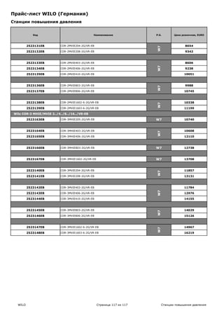 Прайс-лист WILO (Германия)
Станции повышения давления


             Код                               Наименование               P.G.        Цена розничная, EURO



          2523131EB        COR-2MVIE204-2G/VR-EB                                             8654




                                                                          W7
          2523132EB        COR-2MVIE208-2G/VR-EB                                             9342



          2523133EB        COR-2MVIE403-2G/VR-EB                                             8606




                                                                          W7
          2523134EB        COR-2MVIE406-2G/VR-EB                                             9238

          2523135EB        COR-2MVIE410-2G/VR-EB                                            10051



          2523136EB        COR-2MVIE803-2G/VR-EB                                             9988




                                                                          W7
          2523137EB        COR-2MVIE806-2G/VR-EB                                            10745



          2523138EB        COR-2MVIE1602-6-2G/VR-EB                                         10338




                                                                          W7
          2523139EB        COR-2MVIE1603-6-2G/VR-EB                                         11199

 Wilo COR-3 MHIE/MVIE 2../4../8../16../VR-EB

          2523163EB        COR-3MHIE205-2G/VR-EB                          W7                10740



          2523164EB        COR-3MHIE403-2G/VR-EB                                            10608




                                                                          W7
          2523165EB        COR-3MHIE406-2G/VR-EB                                            12110



          2523166EB        COR-3MHIE803-2G/VR-EB                          W7                12738



          2523167EB        COR-3MHIE1602-2G/VR-EB                         W7                13708



          2523140EB        COR-3MVIE204-2G/VR-EB                                            11857
                                                                          W7




          2523141EB        COR-3MVIE208-2G/VR-EB                                            13131



          2523142EB        COR-3MVIE403-2G/VR-EB                                            11784
                                                                          W7




          2523143EB        COR-3MVIE406-2G/VR-EB                                            12976

          2523144EB        COR-3MVIE410-2G/VR-EB                                            14155



          2523145EB        COR-3MVIE803-2G/VR-EB                                            14029
                                                                          W7




          2523146EB        COR-3MVIE806-2G/VR-EB                                            15126



          2523147EB        COR-3MVIE1602-6-2G/VR-EB                                         14967
                                                                          W7




          2523148EB        COR-3MVIE1603-6-2G/VR-EB                                         16219




   WILO                                             Страница 117 из 117        Станции повышения давления
 