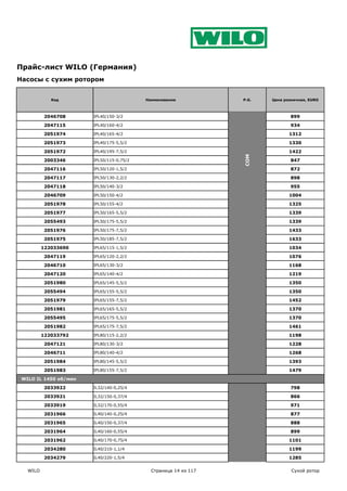 Прайс-лист WILO (Германия)
Насосы с сухим ротором


             Код                          Наименование           P.G.   Цена розничная, EURO



          2046708      IPL40/150-3/2                                           899

          2047115      IPL40/160-4/2                                           934

          2051974      IPL40/165-4/2                                           1312

          2051973      IPL40/175-5,5/2                                         1330

          2051972      IPL40/195-7,5/2                                         1422




                                                                 COM
          2003346      IPL50/115-0,75/2                                        847

          2047116      IPL50/120-1,5/2                                         872

          2047117      IPL50/130-2,2/2                                         898

          2047118      IPL50/140-3/2                                           955

          2046709      IPL50/150-4/2                                           1004

          2051978      IPL50/155-4/2                                           1325

          2051977      IPL50/165-5,5/2                                         1339

          2055493      IPL50/175-5,5/2                                         1339

          2051976      IPL50/175-7,5/2                                         1433

          2051975      IPL50/185-7,5/2                                         1633

          122033690    IPL65/115-1,5/2                                         1034

          2047119      IPL65/120-2,2/2                                         1076

          2046710      IPL65/130-3/2                                           1168

          2047120      IPL65/140-4/2                                           1219

          2051980      IPL65/145-5,5/2                                         1350

          2055494      IPL65/155-5,5/2                                         1350

          2051979      IPL65/155-7,5/2                                         1452

          2051981      IPL65/165-5,5/2                                         1370

          2055495      IPL65/175-5,5/2                                         1370

          2051982      IPL65/175-7,5/2                                         1461

          122033792    IPL80/115-2,2/2                                         1198

          2047121      IPL80/130-3/2                                           1228

          2046711      IPL80/140-4/2                                           1268

          2051984      IPL80/145-5,5/2                                         1393

          2051983      IPL80/155-7,5/2                                         1479

 WILO IL 1450 об/мин

          2033922      IL32/140-0,25/4                                         798

          2033921      IL32/150-0,37/4                                         866

          2033919      IL32/170-0,55/4                                         971

          2031966      IL40/140-0,25/4                                         877

          2031965      IL40/150-0,37/4                                         888

          2031964      IL40/160-0,55/4                                         899

          2031962      IL40/170-0,75/4                                         1101

          2034280      IL40/210-1,1/4                                          1199

          2034279      IL40/220-1,5/4                                          1285

   WILO                                     Страница 14 из 117                  Сухой ротор
 