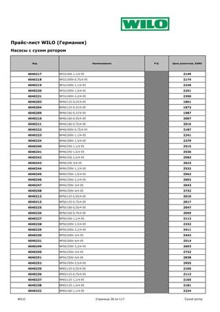 Прайс-лист WILO (Германия)
Насосы с сухим ротором


           Код                           Наименование           P.G.   Цена розничная, EURO



         4040217   NP32/200-1,1/4-05                                          2149

         4040218   NP32/200V-0,75/4-05                                        2174

         4040219   NP32/200V-1,1/4-05                                         2226

         4040220   NP32/200V-1,5/4-05                                         2251

         4040221   NP32/200V-2,2/4-05                                         2350

         4040203   NP40/125-0,25/4-05                                         1861

         4040204   NP40/125-0,37/4-05                                         1872

         4040209   NP40/160-0,37/4-05                                         1987

         4040210   NP40/160-0,55/4-05                                         2007

         4040211   NP40/160-0,75/4-05                                         2016

         4040222   NP40/200V-0,75/4-05                                        2187

         4040223   NP40/200V-1,1/4-05                                         2241

         4040224   NP40/200V-1,5/4-05                                         2279

         4040240   NP40/250-1,1/4-05                                          2515

         4040241   NP40/250-1,5/4-05                                          2536

         4040242   NP40/250-2,2/4-05                                          2583

         4040243   NP40/250-3/4-05                                            2623

         4040244   NP40/250V-1,1/4-05                                         2532

         4040245   NP40/250V-1,5/4-05                                         2562

         4040246   NP40/250V-2,2/4-05                                         2602

         4040247   NP40/250V-3/4-05                                           2643

         4040248   NP40/250V-4/4-05                                           2732

         4040212   NP50/125-0,55/4-05                                         2010

         4040213   NP50/125-0,75/4-05                                         2017

         4040225   NP50/160-0,55/4-05                                         2047

         4040226   NP50/160-0,75/4-05                                         2059

         4040227   NP50/160-1,1/4-05                                          2112

         4040228   NP50/200V-1,5/4-05                                         2332

         4040229   NP50/200V-2,2/4-05                                         2411

         4040230   NP50/200V-3/4-05                                           2442

         4040231   NP50/200V-4/4-05                                           2514

         4040249   NP50/250V-2,2/4-05                                         2693

         4040250   NP50/250V-3/4-05                                           2732

         4040251   NP50/250V-4/4-05                                           2838

         4040252   NP50/250V-5,5/4-05                                         2955

         4040235   NP65/125-0,55/4-05                                         2105

         4040236   NP65/125-0,75/4-05                                         2113

         4040237   NP65/125-1,1/4-05                                          2165

         4040238   NP65/125-1,5/4-05                                          2181

         4040232   NP65/160-1,1/4-05                                          2224

  WILO                                     Страница 28 из 117                  Сухой ротор
 