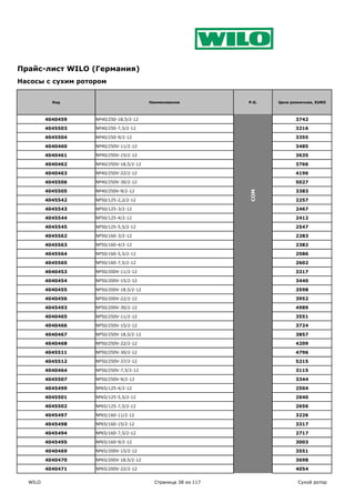 Прайс-лист WILO (Германия)
Насосы с сухим ротором


           Код                           Наименование           P.G.   Цена розничная, EURO



         4040459   NP40/250-18,5/2-12                                         3742

         4045503   NP40/250-7,5/2-12                                          3216

         4045504   NP40/250-9/2-12                                            3355

         4040460   NP40/250V-11/2-12                                          3485

         4040461   NP40/250V-15/2-12                                          3635

         4040462   NP40/250V-18,5/2-12                                        3766

         4040463   NP40/250V-22/2-12                                          4196

         4045506   NP40/250V-30/2-12                                          5027

         4045505   NP40/250V-9/2-12                                           3383




                                                                COM
         4045542   NP50/125-2,2/2-12                                          2257

         4045543   NP50/125-3/2-12                                            2467

         4045544   NP50/125-4/2-12                                            2412

         4045545   NP50/125-5,5/2-12                                          2547

         4045562   NP50/160-3/2-12                                            2283

         4045563   NP50/160-4/2-12                                            2382

         4045564   NP50/160-5,5/2-12                                          2586

         4045565   NP50/160-7,5/2-12                                          2602

         4040453   NP50/200V-11/2-12                                          3317

         4040454   NP50/200V-15/2-12                                          3440

         4040455   NP50/200V-18,5/2-12                                        3598

         4040456   NP50/200V-22/2-12                                          3952

         4045493   NP50/200V-30/2-12                                          4989

         4040465   NP50/250V-11/2-12                                          3551

         4040466   NP50/250V-15/2-12                                          3724

         4040467   NP50/250V-18,5/2-12                                        3857

         4040468   NP50/250V-22/2-12                                          4209

         4045511   NP50/250V-30/2-12                                          4796

         4045512   NP50/250V-37/2-12                                          5215

         4040464   NP50/250V-7,5/2-12                                         3115

         4045507   NP50/250V-9/2-12                                           3344

         4045499   NP65/125-4/2-12                                            2504

         4045501   NP65/125-5,5/2-12                                          2640

         4045502   NP65/125-7,5/2-12                                          2656

         4045497   NP65/160-11/2-12                                           3226

         4045498   NP65/160-15/2-12                                           3317

         4045494   NP65/160-7,5/2-12                                          2717

         4045495   NP65/160-9/2-12                                            3003

         4040469   NP65/200V-15/2-12                                          3551

         4040470   NP65/200V-18,5/2-12                                        3698

         4040471   NP65/200V-22/2-12                                          4054

  WILO                                     Страница 38 из 117                  Сухой ротор
 