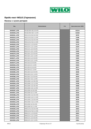 Прайс-лист WILO (Германия)
Насосы с сухим ротором


         Код                                Наименование           P.G.   Цена розничная, EURO



     4040407_ATB   NP100/250V-90/2-05-ATB                                       16219

     4040538_ATB   NP100/250V-90/2-12-ATB                                       16428

     4040261_ATB   NP32/125-0,55/2-05-ATB                                        2070

     4045524_ATB   NP32/125-0,55/2-12-ATB                                        2188

     4040262_ATB   NP32/125-0,75/2-05-ATB                                        2086

     4045526_ATB   NP32/125-0,75/2-12-ATB                                        2204

     4040263_ATB   NP32/125-1,1/2-05-ATB                                         2115

     4045527_ATB   NP32/125-1,1/2-12-ATB                                         2234

     4040264_ATB   NP32/125-1,5/2-05-ATB                                         2117

     4045528_ATB   NP32/125-1,5/2-12-ATB                                         2260

     4040270_ATB   NP32/160-1,5/2-05-ATB                                         2166

     4045534_ATB   NP32/160-1,5/2-12-ATB                                         2286

     4040271_ATB   NP32/160-2,2/2-05-ATB                                         2265

     4045535_ATB   NP32/160-2,2/2-12-ATB                                         2385

     4040272_ATB   NP32/160-3/2-05-ATB                                           2322

     4045536_ATB   NP32/160-3/2-12-ATB                                           2464

     4040284_ATB   NP32/200-4/2-05-ATB                                           2677

     4045548_ATB   NP32/200-4/2-12-ATB                                           2796

     4040285_ATB   NP32/200-5,5/2-05-ATB                                         2848

     4045549_ATB   NP32/200-5,5/2-12-ATB                                         2967

     4040286_ATB   NP32/200-7,5/2-05-ATB                                         3035

     4045550_ATB   NP32/200-7,5/2-12-ATB                                         3154

     4040291_ATB   NP32/200V-11/2-05-ATB                                         3609

     4045556_ATB   NP32/200V-11/2-12-ATB                                         3758

     4040292_ATB   NP32/200V-15/2-05-ATB                                         4008

     4045557_ATB   NP32/200V-15/2-12-ATB                                         4159

     4040287_ATB   NP32/200V-4/2-05-ATB                                          2677

     4045551_ATB   NP32/200V-4/2-12-ATB                                          2826

     4040288_ATB   NP32/200V-5,5/2-05-ATB                                        2848

     4045552_ATB   NP32/200V-5,5/2-12-ATB                                        2998

     4040289_ATB   NP32/200V-7,5/2-05-ATB                                        3035

     4045554_ATB   NP32/200V-7,5/2-12-ATB                                        3184

     4040290_ATB   NP32/200V-9/2-05-ATB                                          3321

     4045555_ATB   NP32/200V-9/2-12-ATB                                          3472

     4040265_ATB   NP40/125-0,75/2-05-ATB                                        2053

     4045529_ATB   NP40/125-0,75/2-12-ATB                                        2174

     4040266_ATB   NP40/125-1,1/2-05-ATB                                         2092

     4045530_ATB   NP40/125-1,1/2-12-ATB                                         2211

     4040267_ATB   NP40/125-1,5/2-05-ATB                                         2161

     4044204_ATB   NP40/125-1,5/2-12-ATB                                         2281

  WILO                                        Страница 40 из 117                  Сухой ротор
 