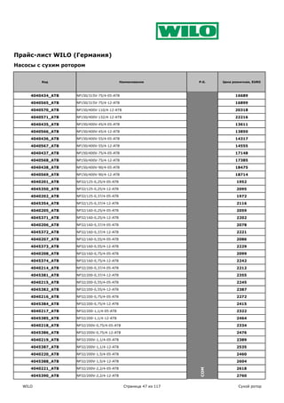Прайс-лист WILO (Германия)
Насосы с сухим ротором


         Код                                Наименование           P.G.   Цена розничная, EURO



     4040434_ATB   NP150/315V-75/4-05-ATB                                       16689

     4040565_ATB   NP150/315V-75/4-12-ATB                                       16899

     4040570_ATB   NP150/400V-110/4-12-ATB                                      20318

     4040571_ATB   NP150/400V-132/4-12-ATB                                      22216

     4040435_ATB   NP150/400V-45/4-05-ATB                                       13611

     4040566_ATB   NP150/400V-45/4-12-ATB                                       13850

     4040436_ATB   NP150/400V-55/4-05-ATB                                       14317

     4040567_ATB   NP150/400V-55/4-12-ATB                                       14555

     4040437_ATB   NP150/400V-75/4-05-ATB                                       17148

     4040568_ATB   NP150/400V-75/4-12-ATB                                       17385

     4040438_ATB   NP150/400V-90/4-05-ATB                                       18475

     4040569_ATB   NP150/400V-90/4-12-ATB                                       18714

     4040201_ATB   NP32/125-0,25/4-05-ATB                                        1952

     4045350_ATB   NP32/125-0,25/4-12-ATB                                        2095

     4040202_ATB   NP32/125-0,37/4-05-ATB                                        1972

     4045354_ATB   NP32/125-0,37/4-12-ATB                                        2116

     4040205_ATB   NP32/160-0,25/4-05-ATB                                        2059

     4045371_ATB   NP32/160-0,25/4-12-ATB                                        2202

     4040206_ATB   NP32/160-0,37/4-05-ATB                                        2078

     4045372_ATB   NP32/160-0,37/4-12-ATB                                        2221

     4040207_ATB   NP32/160-0,55/4-05-ATB                                        2086

     4045373_ATB   NP32/160-0,55/4-12-ATB                                        2229

     4040208_ATB   NP32/160-0,75/4-05-ATB                                        2099

     4045374_ATB   NP32/160-0,75/4-12-ATB                                        2242

     4040214_ATB   NP32/200-0,37/4-05-ATB                                        2212

     4045381_ATB   NP32/200-0,37/4-12-ATB                                        2355

     4040215_ATB   NP32/200-0,55/4-05-ATB                                        2245

     4045382_ATB   NP32/200-0,55/4-12-ATB                                        2387

     4040216_ATB   NP32/200-0,75/4-05-ATB                                        2272

     4045384_ATB   NP32/200-0,75/4-12-ATB                                        2415

     4040217_ATB   NP32/200-1,1/4-05-ATB                                         2322

     4045385_ATB   NP32/200-1,1/4-12-ATB                                         2464

     4040218_ATB   NP32/200V-0,75/4-05-ATB                                       2334

     4045386_ATB   NP32/200V-0,75/4-12-ATB                                       2476

     4040219_ATB   NP32/200V-1,1/4-05-ATB                                        2389

     4045387_ATB   NP32/200V-1,1/4-12-ATB                                        2535

     4040220_ATB   NP32/200V-1,5/4-05-ATB                                        2460

     4045388_ATB   NP32/200V-1,5/4-12-ATB                                        2604

     4040221_ATB   NP32/200V-2,2/4-05-ATB                                        2618
                                                                   COM




     4045390_ATB   NP32/200V-2,2/4-12-ATB                                        2760

  WILO                                        Страница 47 из 117                  Сухой ротор
 