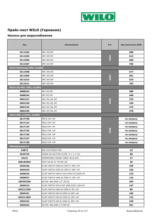 Прайс-лист WILO (Германия)
Насосы для водоснабжения


             Код                                  Наименование               P.G.   Цена розничная, EURO



          2511904            HMC 304 EM                                                    588

          2511905            HMC 305 EM                                                    613




                                                                             DOM
          2511906            HMC 604 EM                                                    680

          2511907            HMC 605 EM                                                    786

 WILO MultiCargo HMC, 3x400V

          2511908            HMC 304 DM                                                    577

          2511909            HMC 305 DM                                                    601




                                                                             DOM
          2511910            HMC 604 DM                                                    670

          2511911            HMC 605 DM                                                    763

 WILO Jet FWJ, HWJ, 1x230V

          4088344            FWJ 202 EM                                                    380

          4088345            FWJ 203 EM                                                    408

          4081527            HWJ 202 20L EM                                                225




                                                                             DOM
          4081528            HWJ 203 20L EM                                                240

          4081529            HWJ 202 50L EM                                                275

          4081530            HWJ 203 50L EM                                                278

 WILO FBS, 1x230V, 3x400V

          2017758            FBS10 EM +VP.                                             по запросу

          2017153            FBS15 EM +VP.                                             по запросу

          2017154            FBS20 EM +VP.                                             по запросу
                                                                             COM




          2017155            FBS10 DM +VP.                                             по запросу

          2017156            FBS15 DM +VP.                                             по запросу

          2017157            FBS20 DM +VP.                                             по запросу

          2017158            FBS25 DM +VP.                                             по запросу

 Принадлежности

           64873             RED-ELECTRODE-PMS                                              24

          2025755            SCREW ON SUCTION FILTER G 1" x 1"1/4                           98

           18161             SUBMERSIBLE-ROUND-CABLE-4G16-ACS                               37

          500183994          FOOT VALVE R1" MS NR.160                                       30

          2004430            FLOAT SWITCH WAO 65 (PSN-F) 30M +VP.                          249

          2004429            FLOAT SWITCH WAO 65 (PSN-F) 20M +VP.                          183

          2005626            FLOAT SWITCH WAO-E-K65 (PSN-F/ST)20M+VP.                      219

          2006027            FLOAT SWITCH WAO 65 (PSN-F) 10M +VP.                          122

          180493296          AUTOM.-BAS.RWN 1/2" 5M KA.                                    404

          2005516            FLOAT SWITCH WA-E-K65 (PSN-O/ST) 10M+VP.                      157

          503211595          FLOAT SWITCH WAO 65 (PSN-F) 5M +VP.                            89

          2004431            FLOAT SWITCH WA 65 (PSN-O) 20M +VP.                           183

          503211893          FLOAT SWITCH WA 65 (PSN-O) 10M +VP.                           122

          2004432            FLOAT SWITCH WA 65 (PSN-O) 30M +VP.                           249

          2005645            AUTOM.-BAS.RWN 1/2"20M KA.                                    501

   WILO                                                 Страница 54 из 117               Водоснабжение
 