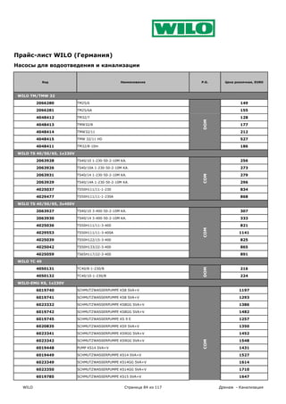 Прайс-лист WILO (Германия)
Насосы для водоотведения и канализации


              Код                                 Наименование           P.G.     Цена розничная, EURO



 WILO TM/TMW 32

          2066280           TM25/6                                                       149

          2066281           TM25/6A                                                      155

          4048412           TM32/7                                                       128




                                                                         DOM
          4048413           TMW32/8                                                      177

          4048414           TMW32/11                                                     212

          4048415           TMW 32/11 HD                                                 527

          4048411           TM32/8-10m                                                   186

 WILO TS 40/50/65, 1x230V

          2063928           TS40/10 1-230-50-2-10M KA.                                   256

          2063926           TS40/10A 1-230-50-2-10M KA.                                  273

          2063931           TS40/14 1-230-50-2-10M KA.                                   279




                                                                         COM
          2063929           TS40/14A 1-230-50-2-10M KA.                                  296

          4025037           TS50H111/11-1-230                                            834

          4029477           TS50H111/11-1-230A                                           868

 WILO TS 40/50/65, 3x400V

          2063927           TS40/10 3-400-50-2-10M KA.                                   307

          2063930           TS40/14 3-400-50-2-10M KA.                                   333

          4025036           TS50H111/11-3-400                                            821
                                                                         COM




          4029553           TS50H111/11-3-400A                                           1141

          4025039           TS50H122/15-3-400                                            825

          4025042           TS50H133/22-3-400                                            865

          4025059           TS65H117/22-3-400                                            891

 WILO TC 40

          4050131           TC40/8-1-230/B                                               216
                                                                         DOM




          4050132           TC40/10-1-230/B                                              224

 WILO-EMU KS, 1x230V

          6019740           SCHMUTZWASSERPUMPE KS8 SVA+V                                 1197

          6019741           SCHMUTZWASSERPUMPE KS8 SVA+V                                 1293

          6023332           SCHMUTZWASSERPUMPE KS8GG SVA+V                               1386

          6019742           SCHMUTZWASSERPUMPE KS8GG SVA+V                               1482

          6019745           SCHMUTZWASSERPUMPE KS 9 E                                    1257

          6020835           SCHMUTZWASSERPUMPE KS9 SVA+V                                 1350

          6023341           SCHMUTZWASSERPUMPE KS9GG SVA+V                               1452

          6023342           SCHMUTZWASSERPUMPE KS9GG SVA+V                               1548
                                                                         COM




          6019448           PUMP KS14 SVA+V                                              1431

          6019449           SCHMUTZWASSERPUMPE KS14 SVA+V                                1527

          6023349           SCHMUTZWASSERPUMPE KS14GG SVA+V                              1614

          6023350           SCHMUTZWASSERPUMPE KS14GG SVA+V                              1710

          6019785           SCHMUTZWASSERPUMPE KS15 SVA+V                                1647

   WILO                                             Страница 84 из 117          Дренаж - Канализация
 