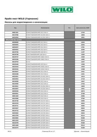 COM
Прайс-лист WILO (Германия)
Насосы для водоотведения и канализации


            Код                           Наименование           P.G.     Цена розничная, EURO



          6001201      SCHMUTZWASSERPUMPE KS15 SVA+V                             1743

          6019786      SCHMUTZWASSERPUMPE KS15GG SVA+V                           1845

          6023354      SCHMUTZWASSERPUMPE KS15GG SVA+V                           1941

 WILO-EMU KS, 3x400V

          6030969      SCHMUTZWASSERPUMPE KS5 SVA+V                              1644

          6039393      SCHMUTZWASSERPUMPE KS5 SVA+V                              2292

          6039457      SCHMUTZWASSERPUMPE KS6 SVA+V                              1701

          6039392      SCHMUTZWASSERPUMPE KS6 SVA+V                              2346

          6019736      SCHMUTZWASSERPUMPE KS8 SVA+V                              1197

          6019739      SCMUTZWASSERPUMPE KS8 SVA+V                               1293

          6019737      SCHMUTZWASSERPUMPE KS8GG SVA+V                            1926

          6023336      SCHMUTZWASSERPUMPE KS8GG SVA+V                            1482

          6019743      KS 9 D                                                    1257

          6023340      SCHMUTZWASSERPUMPE KS9 SVA+V                              1350

          6023343      SCHMUTZWASSERPUMPE KS9GG SVA+V                            1452

          6023344      SCHMUTZWASSERPUMPE KS9GG SVA+V                            1548

          6019447      SCHMUTZWASSERPUMPE KS14 SVA+V                             1431

          6023348      SCHMUTZWASSERPUMPE KS14 SVA+V                             1431

          6023351      SCHMUTZWASSERPUMPE KS14GG SVA+V                           1614

          6023352      SCHMUTZWASSERPUMPE KS14GG SVA+V                           1710

          6019450      SCHMUTZWASSERPUMPE KS15 SVA+V                             1647

          6019784      SCHMUTZWASSERPUMPE KS15 SVA+V                             1743

          6019451      SCHMUTZWASSERPUMPE KS15GG SVA+V                           1845

          6023357      SCHMUTZWASSERPUMPE KS15GG SVA+V                           1941
                                                                 COM




          6039456      SCHMUTZWASSERPUMPE KS16 SVA+V                             2073

          6039391      SCHMUTZWASSERPUMPE KS16 SVA+V                             2748

          6001204      SCHMUTZWASSERPUMPE KS24 SVA+V                             2496

          6023360      SCHMUTZWASSERPUMPE KS24 SVA+V                             2766

          6019730      SCHMUTZWASSERPUMPE KS37ZH SVA+V                           4383

          6023370      SCHMUTZWASSERPUMPE KS37ZH SVA+V                           4644

          6019731      SCHMUTZWASSERPUMPE KS37ZM SVA+V                           4383

          6023367      SCHMUTZWASSERPUMPE KS37ZM SVA+V                           4644

          6019732      SCHMUTZWASSERPUMPE KS37ZN SVA+V                           4383

          6023364      SCHMUTZWASSERPUMPE KS37ZN SVA+V                           4644

          6021370      SCHMUTZWASSERPUMPE KS70ZH SVA+V                           5214

          6023382      SCHMUTZWASSERPUMPE KS70ZH SVA+V                           5328

          6021343      SCHMUTZWASSERPUMPE KS70ZM SVA+V                           5214

          6023378      SCHMUTZWASSERPUMPE KS70ZM SVA+V                           5328

          6021369      SCHMUTZWASSERPUMPE KS70ZN SVA+V                           5214

          6023374      SCHMUTZWASSERPUMPE KS70ZN SVA+V                           5328

   WILO                                     Страница 85 из 117          Дренаж - Канализация
 