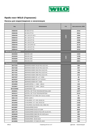 Прайс-лист WILO (Германия)
Насосы для водоотведения и канализации


             Код                              Наименование            P.G.     Цена розничная, EURO



          2506435       WS 900 E/TP 50                                                2416

          2506436       WS 900 E/TP 65                                                2816

          2506430       WS 1100 E/TP 40-S                                             2486




                                                                      COM
          2506432       WS 1100 E/TP 50                                               2849

          2506433       WS 1100 E/TP 65                                               3258

          2506434       WS 1100 E/TP 80                                               4305

          2506440       WS 1100 D/MTS 40                                              3119

          2506441       WS 1100 D/TP 50                                               3594

          2506442       WS 1100 D/TP 65                                               4142

 WILO-DrainLift WS625

          2525202       WS625E/1200                                                   1223

          2525203       WS625E/1500                                                   1378




                                                                      COM
          2525204       WS625E/1800                                                   1583

          2525205       WS625E/2100                                                   2001

 Принадлежности

          2017163       ABSPERRSCHIEBER DN100 PN16 GG25 KPL.                          296

          2017164       ABSPERRSCHIEBER DN150 PN16 GG25 KPL.                          397

          2017160       ABSPERRSCHIEBER DN50 PN16 GG25 KPL.                           178

          2017161       ABSPERRSCHIEBER DN65 PN16 GG25 KPL.                           186

          2017162       ABSPERRSCHIEBER DN80 PN16 GG25 KPL.                           215

          4027337       ABSPERRSCHIEBER RP1 1/2" I.MSNI                                49

          4019227       ABSPERRSCHIEBER RP2 1/2" IG.MS NI                             136

          4027338       ABSPERRSCHIEBER RP2" I.MSNI                                    77

          2522846       ALARMCONTROL 1 + AKKU    (WILO)                               125

          2522847       ALARMCONTROL 2 + AKKU    (WILO)                               152

          501534094     ALARMGERAET KAS                                               188

          2026541       AUFSTELL-SET TP100 TROCKEN/VERTIKAL/LANG                      1577

          2034217       AUFSTELL-SET TP150 TROCKEN/VERTIKAL                           2131

          4015206       BODENPLATTE-KIT-DN65-304 станіна сталева                       62

          4051115       DRAIN ALARM 2                                                 296

          2004667       FU?KRUMMER +HT.+SEIL DN100 VA                                 1795

          2016465       FU?KRUMMER +HT.+SEIL DN150 VA                                 1420

          2032495       FU?KRUMMER+HALTERUNG+SEIL DN80 V4A                            1263

          6022587       FUSSKRUEMMER DN100                                            465

          6022591       FUSSKRUEMMER DN100 STC100M                                    2810

          2057179       FUSSKRUEMMER DN40/50 PN10 DRF.GJL250 KPL.                     287

          2029039       FUSSKRUEMMER DN80 DRF.KPL.GG25 фітінг                         465

          6022585       FUSSKRUEMMER DN80 KPL.                                        439

          2029041       FUSSKRUMMER DN150 GG25                                        722

          4016096       FUSSKRUMMER +HT.DN65 KPL.GG25                                 354

   WILO                                          Страница 92 из 117          Дренаж - Канализация
 