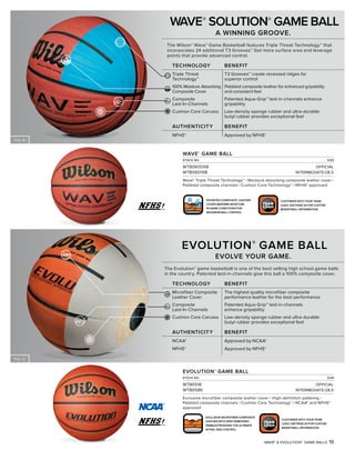 FIG. B
FIG. C
LOGO
TEAM
CUSTOMIZE WITH YOUR TEAM
LOGO. SEE PAGE 20 FOR CUSTOM
BASKETBALL INFORMATION.
PATENTED COMPOSITE LEATHER
COVER ABSORBS MOISTURE
IN GAME CONDITIONS FOR
MAXIMUM BALL CONTROL.
LOGO
TEAM
WAVE® & EVOLUTION® GAME BALLS 19
WAVE®
GAME BALL
STOCK NO. SIZE
WTB0600XB OFFICIAL
WTB0601XB INTERMEDIATE/28.5
Wave® Triple Threat Technology™ • Moisture absorbing composite leather cover •
Pebbled composite channels • Cushion Core Technology™ • NFHS® approved
WAVE®
SOLUTION®
GAME BALL
A WINNING GROOVE.
The Wilson® Wave® Game Basketball features Triple Threat Technology™ that
incorporates 24 additional T3 Grooves.™ Get more surface area and leverage
points that provide advanced control.
TECHNOLOGY BENEFIT
Triple Threat T3 Grooves™ create recessed ridges for
Technology™ superior control
100% Moisture Absorbing Pebbled composite leather for enhanced gripability
Composite Cover and consistent feel
Composite Patented Aqua-Grip™ laid-in-channels enhance
Laid-In-Channels gripability
Cushion Core Carcass Low-density sponge rubber and ultra-durable
butyl rubber provides exceptional feel
AUTHENTICITY BENEFIT
NFHS® Approved by NFHS®
EVOLUTION®
GAME BALL
STOCK NO. SIZE
WTB0516 OFFICIAL
WTB0586 INTERMEDIATE/28.5
Exclusive microfiber composite leather cover • High-definition pebbling •
Pebbled composite channels • Cushion Core Technology™ • NCAA® and NFHS®
approved
EVOLUTION® GAME BALL
EVOLVE YOUR GAME.
The Evolution® game basketball is one of the best selling high school game balls
in the country. Patented laid-in-channels give this ball a 100% composite cover.
TECHNOLOGY BENEFIT
Microfiber Composite The highest quality microfiber composite
Leather Cover performance leather for the best performance
Composite Patented Aqua-Grip™ laid-in-channels
Laid-In-Channels enhance gripability
Cushion Core Carcass Low-density sponge rubber and ultra-durable
butyl rubber provides exceptional feel
AUTHENTICITY BENEFIT
NCAA® Approved by NCAA®
NFHS® Approved by NFHS®
EXCLUSIVE MICROFIBER COMPOSITE
LEATHER WITH DEEP EMBOSSED
PEBBLES PROVIDES THE ULTIMATE
IN FEEL AND CONTROL.
CUSTOMIZE WITH YOUR TEAM
LOGO. SEE PAGE 20 FOR CUSTOM
BASKETBALL INFORMATION.
 
