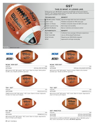 FIG. A
28 GST® FOOTBALS
GST®
THIS IS WHAT #1 LOOKS LIKE.
Preferred by over 180 NCAA® programs and 28 high school associations,
the GST® has 11 game tested years on the field. Get your hands on the best
selling game football in the country.
TECHNOLOGY BENEFIT
WE 863 Leather™ Pebble Special tannage adds more tack and deeper
ACL™ Laces Pebbled composite for 174% more grip
Sewn on Stripes Pebbled composite stripes for 82% more grip
Multi-Layered Lining Best shape and durability
Multi-Ply Bladder Best air retention and moisture control
AUTHENTICITY BENEFIT
Made in USA Craftsmen have average of 24 years experience
NCAA®
Game Ball Use an official playoff ball all year
NCAA®
Schools Played by over 180 NCAA® programs
NFHS®
Approved for all high school play
NCAA®
1004 GST®
STOCK NO. SIZE
WTF1004B OFFICIAL (PRO PATTERN)
863 premium GST® WE Leather™ • ACL™ Laces • Sewn on stripes • Same pattern
the NFL® uses • NCAA® and NFHS® approved
NCAA®
1003 GST®
STOCK NO. SIZE
WTF1003B OFFICIAL (COLLEGIATE PATTERN)
863 premium GST® WE Leather™ • Sewn on stripes • Made to the smallest
possible spec • NCAA® and NFHS® approved
TDY™ GST®
STOCK NO. SIZE
VWTF1320B YOUTH (12-14 Y.O.)
TD863 premium GST® WE Leather™ • ACL™ Laces • Sewn on stripes • Approved
for play in all major youth leagues
TDJ™ GST®
STOCK NO. SIZE
WTF1321B JUNIOR (9-12 Y.O.)
863 premium GST® WE Leather™ • ACL™ Laces • Sewn on stripes • Approved for
play in all major youth leagues
K2™ GST®
STOCK NO. SIZE
WTF1322B PEEWEE (6-9 Y.O.)
863 premium GST® WE Leather™ • ACL™ Laces • Sewn on stripes • Approved for
play in all major youth leagues
GST®
PRACTICE
STOCK NO. SIZE
WTF1235B OFFICIAL (1004 PATTERN)
WTF1233B OFFICIAL (1003 PATTERN)
Same patterns as 1004 and 1003 GST® game balls • Wilson® 863 WE Leather™ •
ACL™ Laces • Grip Stripes™ (not sewn) • Not NFHS® Approved
* BASED ON 2011 SGMA
 